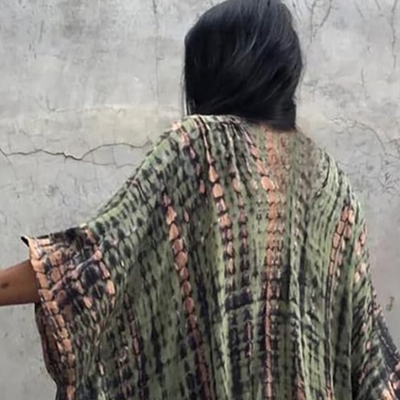 Olive Green Tie Dye Hippie Boho Kaftan Long Flowy 70s Maxi Dress Bohemian Caftan - Picture 5 of 9